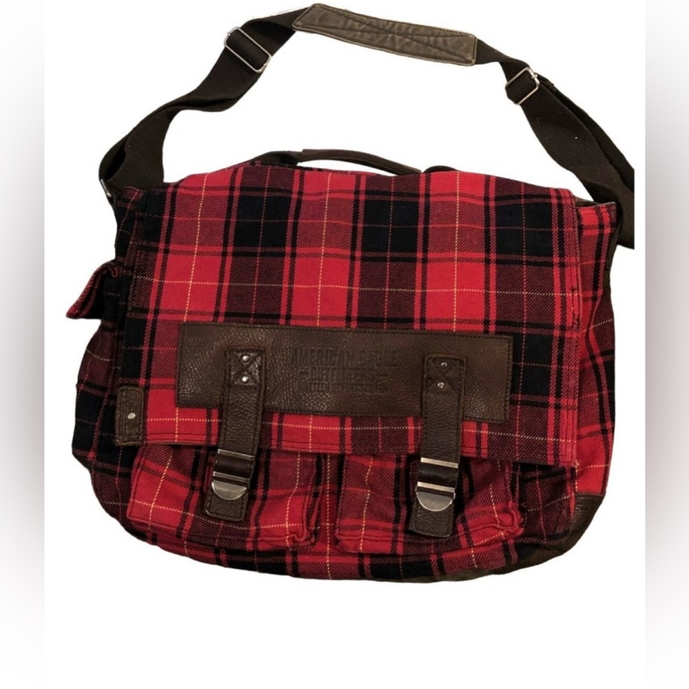 American Eagle Outfitters Laptop Messenger Bag Red Buffalo Plaid Leather Canvas